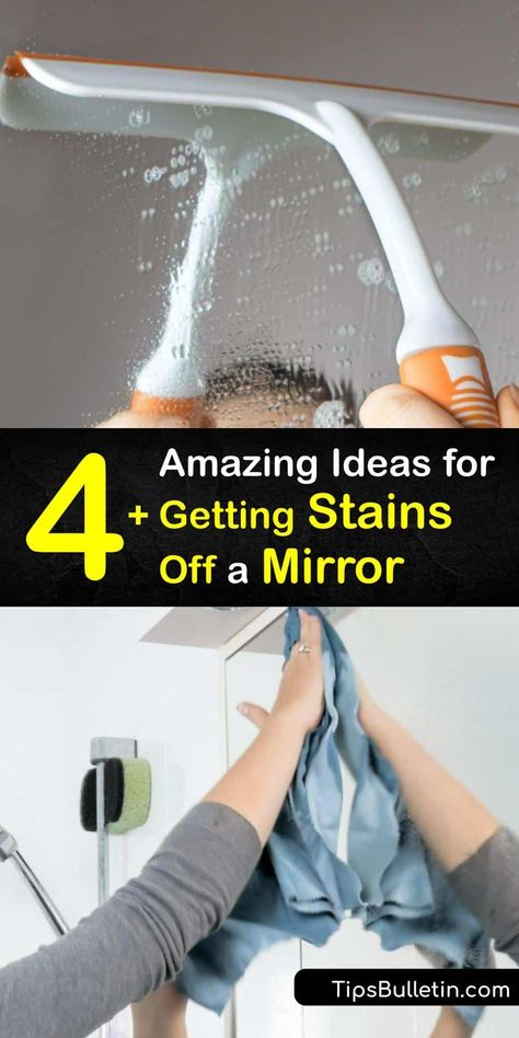 Clean a hard water stain or water spots off your custom glass mirror, shower door, or stained glass windows with easy tricks. Cleaning mirrors is simple with a microfiber cloth and an appropriate cleaner like toothpaste, white vinegar, or rubbing alcohol. #clean #stained #mirror Mirror Cleaning Hacks, Cleaning Mirrors, Clean Mirrors, Glass Cleaner Recipe, Diy Glass Cleaner, Stained Mirror, Homemade Glass Cleaner, Remove Water Spots, Remove Water Stains