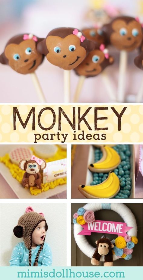 Monkey Party: Curious Emma is Turning Three! Let's Go Bananas with this cute little girly Monkey Party!! Looking for more Monkey party ideas?  Be sure to check out these monkey party activities, this Monkey headband tutorial and this diy ruffled tableskirt.  #party #parties #partyideas #monkey #kids #birthday #diy #baking via @mimisdollhouse Monkey Birthday Invitations, Monkey Themed Birthday Party, Monkey Party Decorations, Monkey Headband, Monkey Party Ideas, Monkey Birthday Party, Banana Party, Monkey Cupcakes, Turning Three