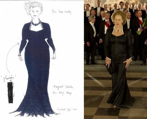 Boceto de Consolata Boyle para "La dama de hierro" (Iron Lady) (2011) e imagen de Meryl Streep, como Margaret Tatcher, con un sofisticado vestido. Iron Lady, Margaret Thatcher, Meryl Streep, Costume Design, Project Ideas, Formal Dresses Long, Formal Dresses, Film, Design