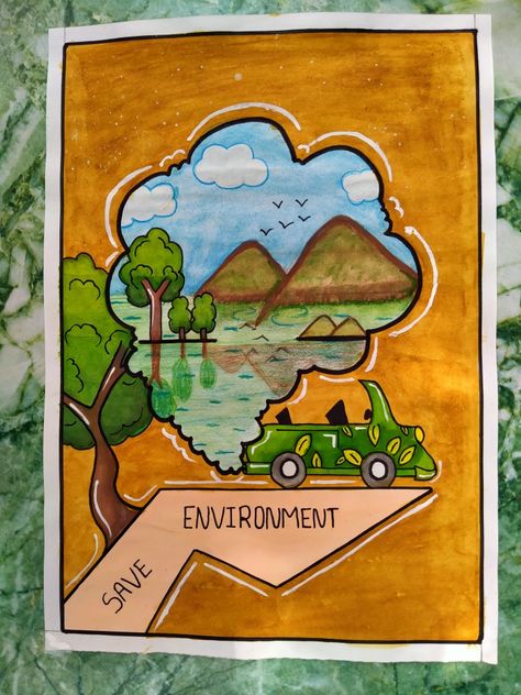 Healthy Environment Poster Drawing, Poster Global Warning, Save Nature Poster Environment, Environment Day Poster Ideas, Save Environment Drawing, Environment Day Drawing, Competition Drawing, Save Earth Drawing, Environment Drawing