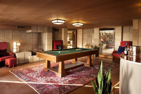 The billiards room doubles as a screening room.- TownandCountrymag.com Ennis House, House On Haunted Hill, Billiards Room, Frank Lloyd Wright Homes, Adobe Design, Billiard Room, Los Angeles Homes, Frank Lloyd, Frank Lloyd Wright