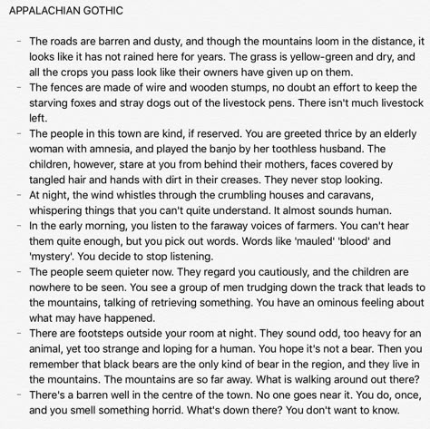 Appalachian Gothic < not my post // as an Appalachian American, I love this. (Bonus points for no mention of inbred!) Appalachia Quotes, Southern Gothic Writing, Southern Gothic Writing Prompts, Appalachia Gothic, Gothic Prompts, Ohio Gothic, Appalachian Sayings, Pennsylvania Gothic, Appalachian Gothic Aesthetic