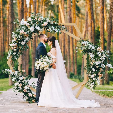 Susire Wooden Wedding Arch Stand: Heavy Duty Double Hexagon Wedding Archway Backdrop Stand Frame with Sturdy Base for Party Ceremony Decorations - Garden Climbing Flower Geometric Arbor Support Wooden Wedding Arch, Wooden Wedding Arches, Bridal Backdrops, Hexagon Wedding, Backdrop Arch, Climbing Flowers, Wedding Ceremony Arch, Wedding Arbour, Wedding Altars