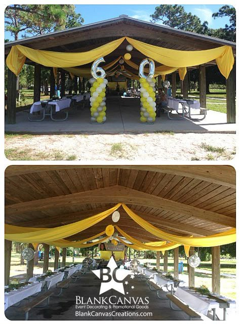 Outdoor Pavillion Decorating Ideas Party, Grad Party Ideas At A Park, Shelter Party Decorations, Birthday Pavilion Decorations, Decorating Pavilion For Party, Birthday Party Pavilion Decorations, Picnic Pavilion Decorations, Pavilion Grad Party Decorations, Park Shelter Birthday Party Decorations