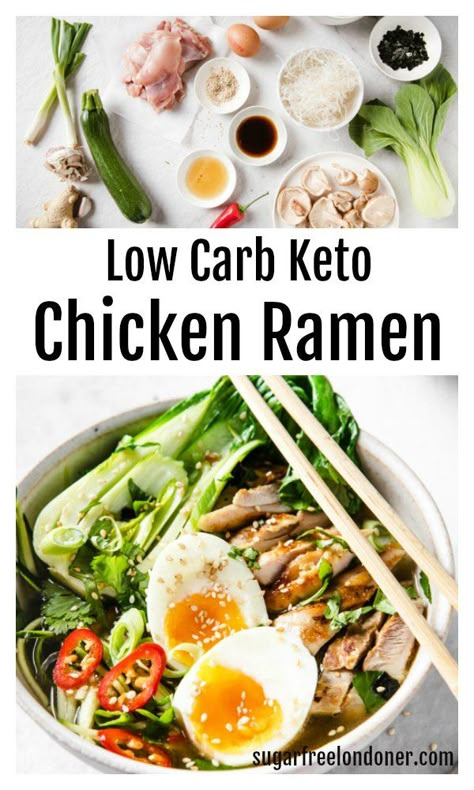 If you’re looking for a healthy, filling soup this Keto Ramen is a must-make. It is packed with flavour, green vegetables and a generous amount of protein in the form of chicken and a soft boiled egg. Instead of ramen noodles, we're keeping the carbs low by using konjac noodles. A tasty keto soup recipe that's on the table in less than 30 minutes! Keto Ramen, Konjac Noodles, Soft Boiled Egg, Chicken Ramen, Keto Soups, Keto Soup, Boiled Egg, Keto Chicken, Green Vegetables