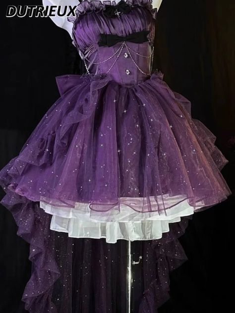 Camisole Gown Senior Starry Sky Glittering Sweet Grils Princess Dress Bow Solid Color Slimming Purple Idol Outfits, Glitter Shorts, Ruffle Prom Dress, Layered Tulle Skirt, Black Playsuit, Light Dress, Mini Dress Formal, Purple Skirt, Oc Ideas