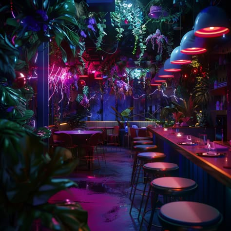 Club Interior Nightclub, Nightlife Aesthetic Club, Dreamscape Room, Warehouse Bar, Background Bar, Wattpad Background, Neon Jungle, Brass Monkey, Biophilic Design