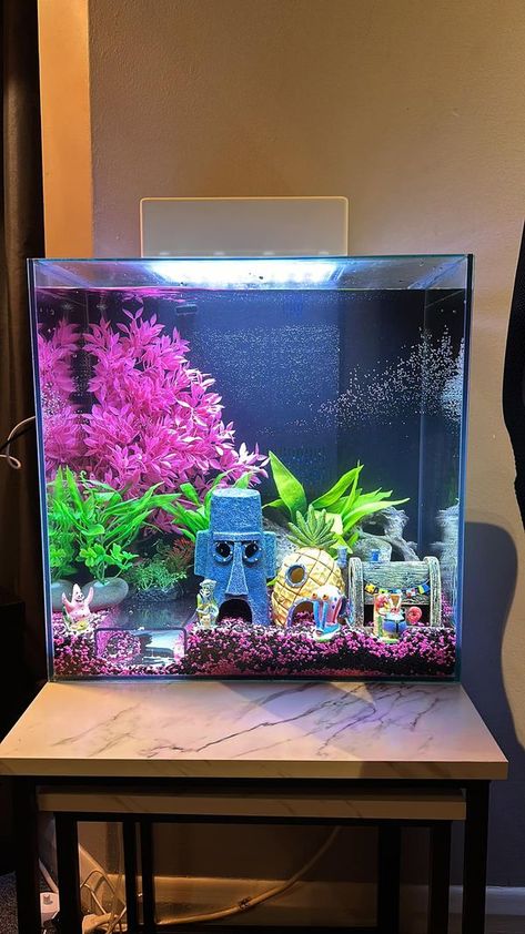 SpongeBob Lovers | My SpongeBob themed fish tank 😍 just missing SpongeBob himself | Facebook Spongebob Theme Fish Tank, Spongebob Aquarium, Fish Tank Themes Ideas Aquarium, Fish Tank Decor, Spongebob Fish Tank, Fish Tank Themes Ideas, Small Fish Tanks, Fish Tank Themes, Cool Fish Tanks