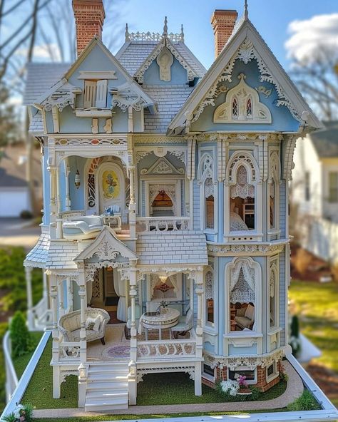 Victorian Stick Style House, Doll House Victorian, Victorian Dollhouse Exterior, Rococo House, Victorian Dollhouse Interior, Blue Victorian House, Dollhouse Exterior, Victorian Dollhouse Furniture, Tiny Glade