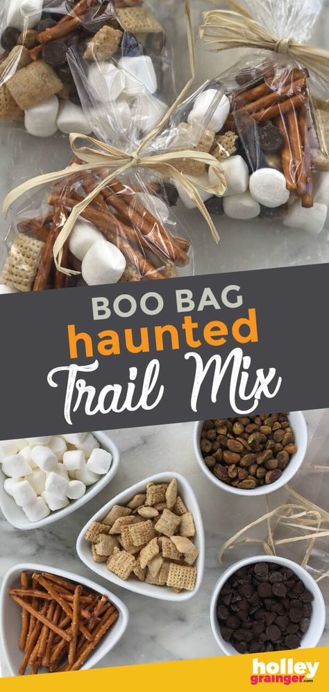 Halloween Party Treats: Boo Bags Haunted Trail Mix | Holley Grainger Halloween Trail Mix, Goblin Character, Wedding Updos For Short Hair, Fun Halloween Snacks, Kids Treat Bags, Boo Bags, Haunted Trail, Healthy Trail Mix, Easy Halloween Snacks