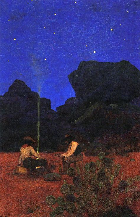 Night in the desert by Maxfield Parrish. From “The Great South West” by Ray Stannard Baker. The Century Magazine, c 1902 Maxfield Parrish, Western Artwork, Cowboy Aesthetic, West Art, Western Aesthetic, Cowboy Art, Baby Cowboy, In The Desert, Western Art