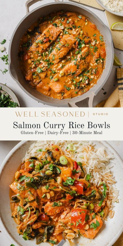 Salmon With Jasmine Rice, Healthy Curry Sauce, Salmon Curry Bowl, Salmon Coconut Curry, Salmon Curry Recipes Coconut Milk, Curry Salmon, Salmon And Rice Recipes, Curry Bowl, Salmon Curry