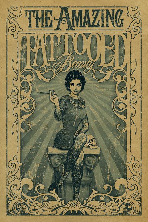 The Amazing Tattooed Beauty Poster. Barnum and Bailey. | Etsy Cirque Vintage, Old Circus, Vintage Circus Posters, Circus Posters, Tattooed Lady, Tattoo Posters, Dark Circus, Graffiti Tattoo, Side Show