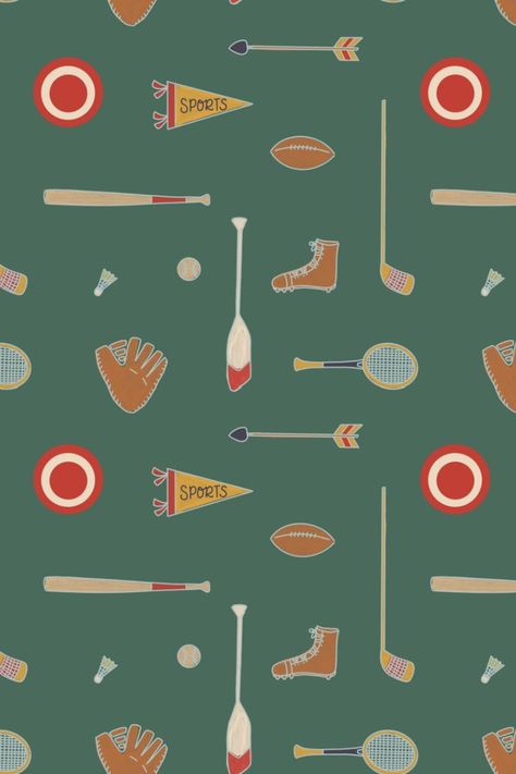 arranged vintage sports equipment as a pattern on a green background. Physical Education Wallpaper, Pe Wallpaper, Pe Class, Retro School, School Collection, Prep School, Physical Education, Surface Pattern Design, Pattern Wallpaper