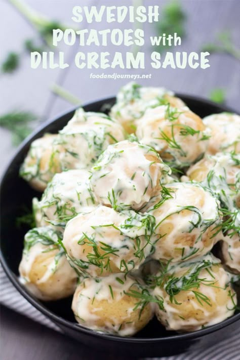 A potato side dish with a go-to dill recipe! Swedish Potatoes with Dill Cream Sauce is perfect for fish or grilled meat — all year round! Recipe | Traditional | Nordic | Swedish | Scandinavia.  #swedishrecipe  #authenticswedish #swedishcuisine #potato #dill #sidedish Nordic Recipes Healthy, Nordic Diet Recipes, Swedish Potatoes, Potatoes With Dill, Dill Cream Sauce, Nordic Diet, Swedish Cuisine, Viking Food, Dill Potatoes