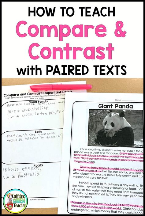 This article gives step-by-step strategies and tips on how to teach compare and contrast essays to students. This article provides teachers with a structure and outline for compare and contrast essays. Scaffold students from comparing pictures to paired passages, nonfiction articles, and stories. Perfect for primary students, upper elementary students, and special education students. Comparing Texts, Compare And Contrast Essay, Essay Outline Template, Common App Essay, Citing Text Evidence, Compare Contrast, College Application Essay, Caffeine Queen, Body Paragraphs