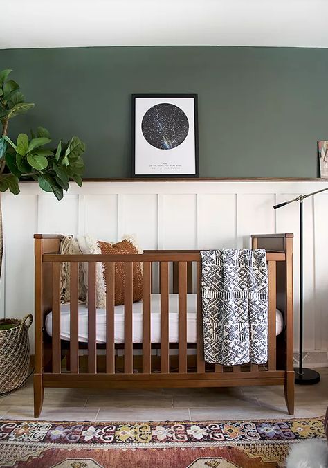 Vintage Nursery Boy, Baby Room Boy, Nursery Makeover, Neutral Crib, Green Accent Walls, Dark Green Walls, Green Nursery, Green Walls, Baby Room Design