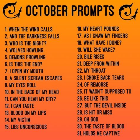 Poem Prompts Dark, Halloween Fanfic Prompts, October Writing Prompts 2023, Spooktober Prompts, Autumn Poetry Prompts, Happy Poem Prompts, October Prompts Writing, October Prompts 2023, Writing Prompts October