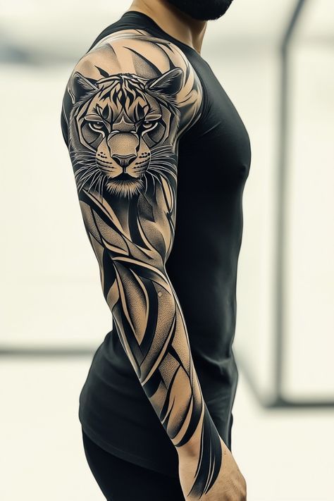 Abstract Sleeve Tattoos For Guys, Shaded Tattoos Men Sleeve, Tattoo For Man Arm, Abstract Tattoo Designs For Men, Shoulder Tiger Tattoo, Full Arm Tattoo Men, Tiger Tattoo Men, Men’s Full Sleeve Tattoo, Tiger Sleeve Tattoo