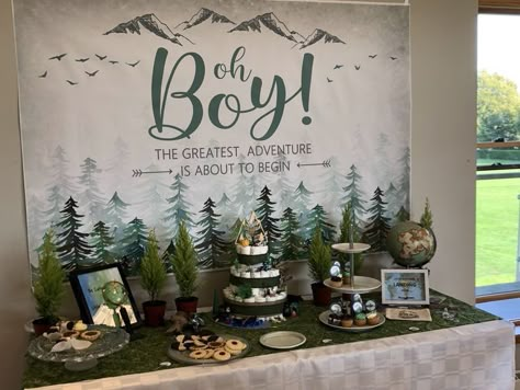 Wood Land Baby Shower Ideas Boy, Mountain Shower Theme, Adventure Theme Baby Shower Ideas Boy, Outdoorsy Baby Shower Theme, Our Adventure Begins Baby Shower Theme, Outdoor Adventure Baby Shower Theme, Baby Shower Mountain Theme Boy, Rustic Woodland Baby Shower Ideas, Wilderness Theme Party