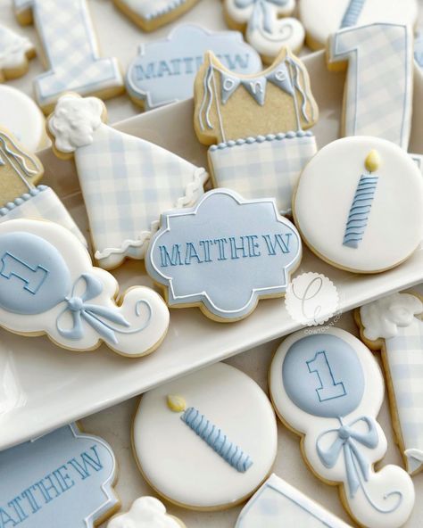 Blue First Birthday Cookies, 1st Birthday Cookies Decorated, One Year Old Birthday Cookies, Sweet One Boy First Birthday, Classic Blue And White First Birthday, 1st Birthday Cookies Boy, One Cookies 1st Birthdays, Classic First Birthday Boy, First Birthday Cookies Boy