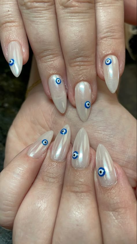 White Nails Evil Eye Design, Chrome Nails With Evil Eye, Evil Eye Chrome Nails, Chrome Evil Eye Nails, Devils Eye Nails, Red Evil Eye Nails, Chrome Nails With Gems, Greek Eye Nails, Blue Eye Nails