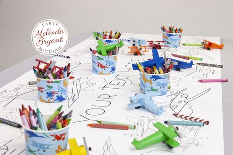 This Air Travel themed birthday party decoration is also a fun activity!
Keep the party moving while you wait for guests to arrive, transition between activities, and as you serve refreshments.  An airplane themed coloring table runner is the secret to a stress-free event.

At 4', 6', 8', or 10' long, you can be sure there's room for everyone. Kids love to collaborate and share their ideas. Coloring as a group helps even the shyest kids to feel comfortable.

Runners are printed on heavy matte paper -- perfect for crayons, markers, colored pencils, paint... Kids love to decorate them with stickers and stamps.

The design, personalization, and bright white finish make it as much a decoration as an activity. When the party is over, roll it up to continue colori Plane Party Games, Plane Birthday Party Activities, Airplane Birthday Activities, Coloring Table Runner, Planes Birthday Party Decorations, Arthur Themed Birthday Party, Airplane Party Table Decor, Airplane Centerpieces Table Decorations, Airplane Third Birthday Party