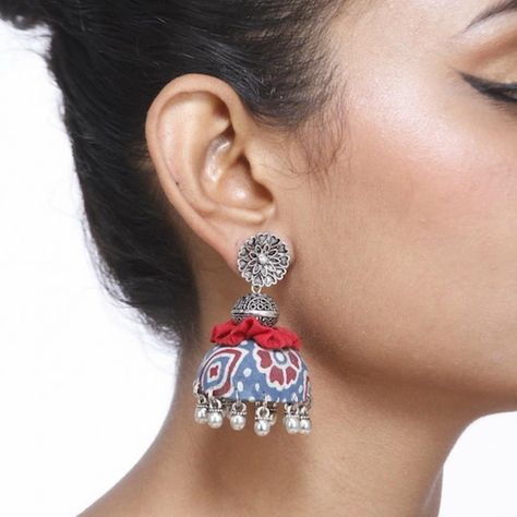 Printed Red And Blue Jhumka From The House Of Aarika. Add The Quirky Touch To Your Attire With These Beauties And Be Sure To Make Heads… Blue Jhumka, Kalamkari Design, Upcycle Diy, Jewellery Diy, Diy Fabric Jewellery, Fabric Jewellery, Fabric Earrings, Designer Necklace, Bead Embroidery Jewelry