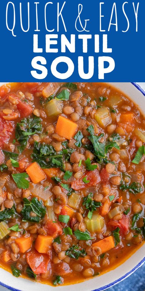 This Quick and Easy Vegetarian Lentil Soup recipe is made using canned lentils, which cuts down on the cooking time so much! This soup is still hearty and flavorful but it is ready in half the time. This plant based soup recipe is a protein packed one pot meal that can be prepped ahead of time and is freezer friendly. Enjoy with lunch or dinner and serve with bread. #lentilsoup #quickandeasy #souprecipe #vegetarian #plantbased Blue Zone Lentil Soup, Lentil Soup With Canned Lentils, One Pot Lentil Soup, Lentils As A Side Dish, Recipes With Canned Lentils, Lentil Bean Soup Recipes, Quinoa Lentil Soup, Canned Lentils Recipes, Lentil Crockpot Soup