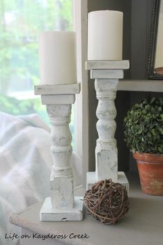 15 DIY Projects to get the Farmhouse Look - A Wonderful Thought Candlestick Makeover, Spindle Ideas, Table Leg Candle Holder, Diy Candle Stick Holder, Spindle Crafts, Diy Candle Sticks, Homemade Chalk Paint, Homemade Chalk, Candle Dipping