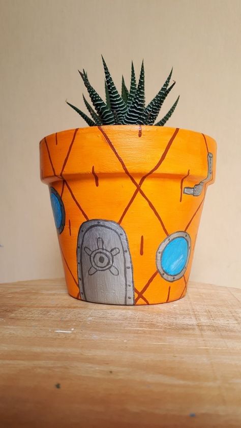 Painting Pot Plants Ideas, Paint Ideas For Plant Pots, Planting Pot Painting Ideas, Trippy Painted Pots, Spongebob Pot Painting, Planter Pots Painting Ideas, Diy Paint Planter Pot, Painted Pot Ideas Easy Diy, Spongebob Plant Pot