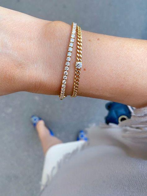 Gold Chain Bracelet With Diamond, Good Tennis Bracelet, Tennis Chain Bracelet, Chain Bracelet Gold For Women, Diamond Chains Women, Gold Bracelets Women, Bracelet Combinations, Diamond Gold Bracelet, Diamond Bracelet For Women