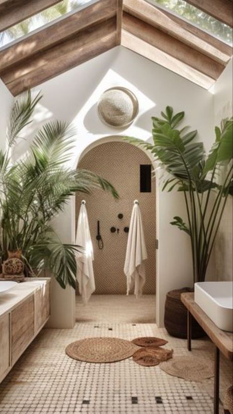 Beach Boho Interior Design, Bali Bathroom, Bali Style Home, Boho Beach House, Organic House, Bali House, Moroccan Homes, Outdoor Bathrooms, Interiors Dream