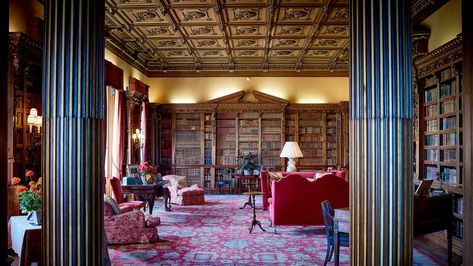 The Delightful Shock of Seeing England’s 'Downton Abbey'-Famous Library The Real Downton Abbey, Gothic Mansion, Antique Writing Desk, Highclere Castle, Downton Abby, Beautiful Library, Red Sofa, Stately Home, Downton Abbey