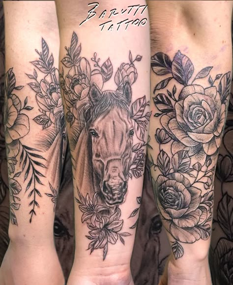 Horse And Flower Tattoo, Horse Tattoos For Women, Horse Tattoo Ideas For Women, Western Floral Tattoo, Matching Cousin Tattoos, Boot Tattoo, Country Girl Tattoos, Calf Tattoos For Women, Horse Tattoos