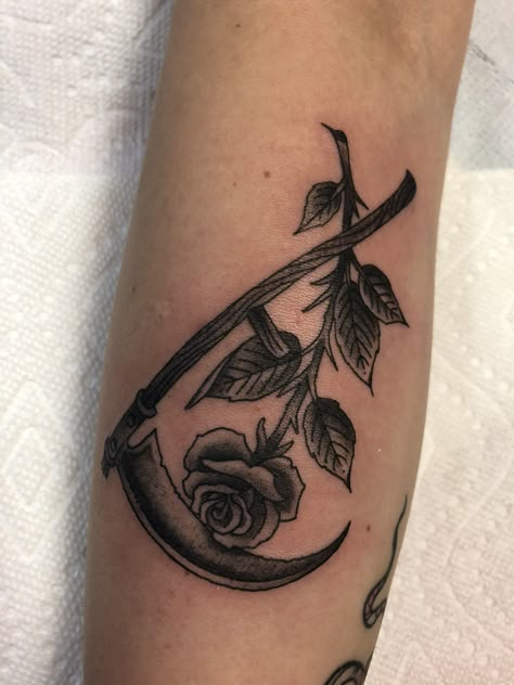 #tattoo #scythe #rose #sleeve Scythe And Rose Tattoo, Sickle Tattoo Design, Small Scythe Tattoo, Tattoo Scythe, Syth Tattoo Design, Sickle Tattoo, Traditional Scythe Tattoo, Rose Tattoo For Men, Scythe Tattoo Design