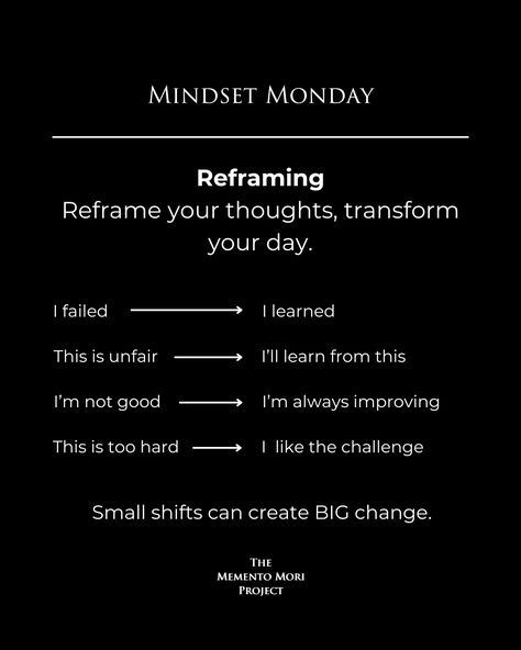 🧠Mindset Monday

Learning to reframe your thoughts is a skill necessary to grow your emotional intelligence. Turning a negative thought into a positive one will forever change the way you see the world. Reframe Thoughts, Reframing Negative Thoughts, Mindset Monday, Fixed Mindset, Inner Voice, Productivity Tips, Mgmt, Feeling Stuck, Positive And Negative