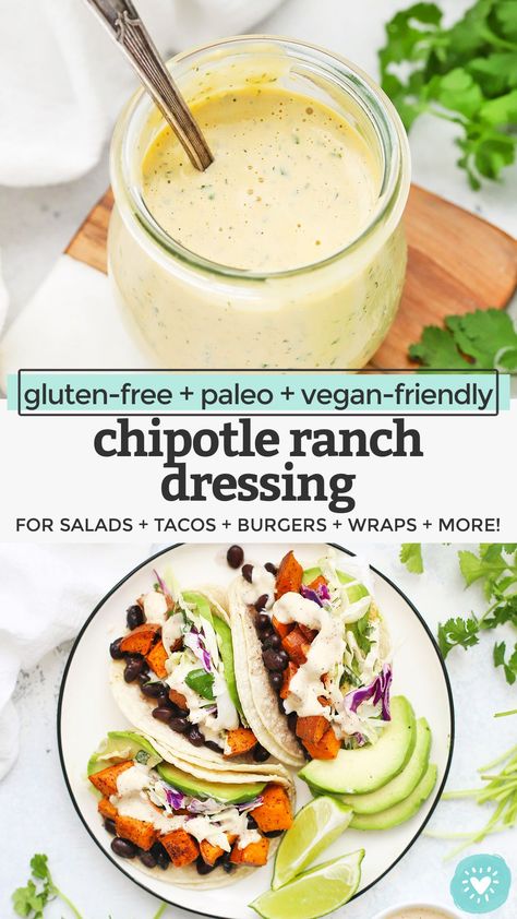 Dairy Free Chipotle Ranch, Dairy Free Taco Dip, Dairy Free Tacos, Spicy Ranch Dressing, Dairy Free Dressing, Spicy Dressing, Homemade Salad Dressing Healthy, Spicy Ranch, Chipotle Ranch Dressing