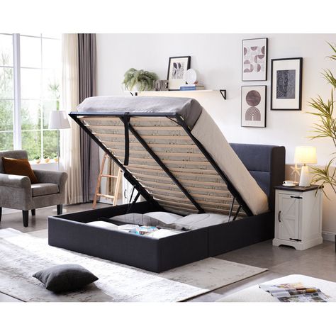 Latitude Run® Gaillarde Hydraulic Lift Up Storage Upholstered Platform Bed & Reviews - Wayfair Canada Lift Up Storage Bed, Modern Storage Beds, Lift Storage Bed, Headboard Wood, Storage Bed Queen, Fabric Upholstered Bed, Velvet Bed Frame, Grey Bed Frame, Headboard With Shelves