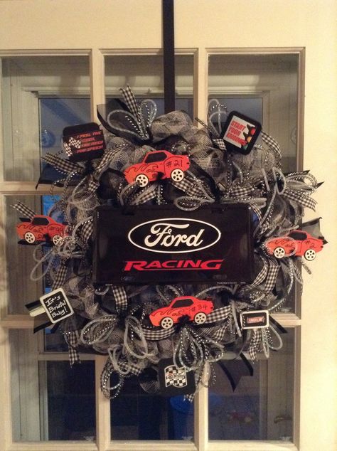 Finally finished my race wreath...IT'S BRISTOL BABY!!! Race Car Wreath, Car Wreath, Wreath Ideas, Drag Racing, Race Car, How To Make Wreaths, Vintage Car, Door Decor, Ford Mustang