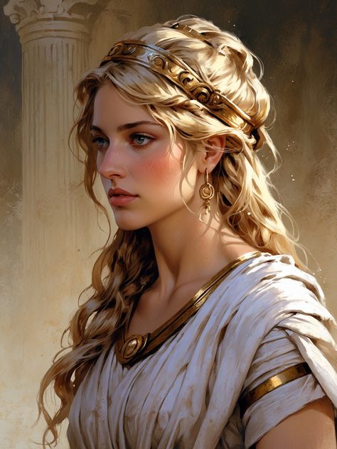 Greek Princess Aesthetic, Greco Roman Aesthetic, Female Greek Warrior, Roman Character Art, Greek Goddess Warrior, Greek Women Paintings, Ancient Greek Women Art, Ancient Greek Princess, Most Beautiful Woman Sketch