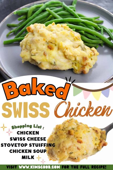 Swiss Chicken Supreme, Chicken Swiss Stuffing Casserole, Swiss Chicken Bake With Stuffing, Chicken Swiss Cheese Stuffing Casserole, Creamy Swiss Chicken, Quick Stuffing, Swiss Cheese Chicken, Swiss Chicken Bake, Easy Baked Chicken Breast Recipes