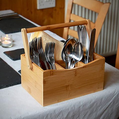 Bamboo Utensil Cutlery Holder | Bamboo Organiser |4 Compartments For Cutlery & Condiments | Easy Carry Drop-Down Handle | Kitchen Storage | M&W: Amazon.co.uk: Kitchen & Home Utensils Organization Ideas, Rustic Utensil Holder, Wooden Utensil Holder, Kitchen Bamboo, Cutlery Caddy, Bamboo Flatware, Utensil Organizer, Condiment Caddy, Bamboo Utensils