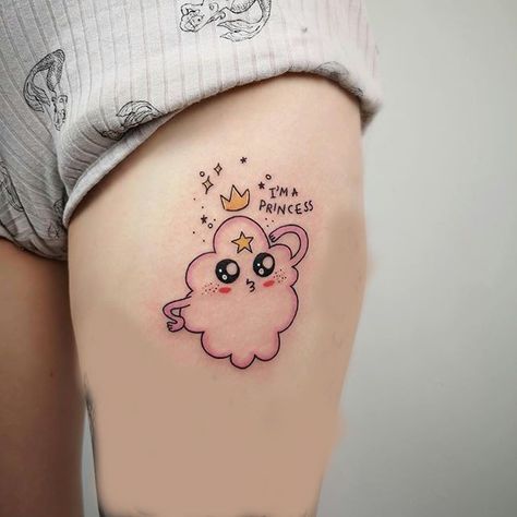 Nerd Tattoos For Women, Marceline Tattoo Ideas, Lsp Tattoo, Princess Bubblegum Tattoo, Puppycat Tattoo, Lumpy Space Princess Tattoo, Marceline Tattoo, Barbie Tattoo, Peach Tattoo