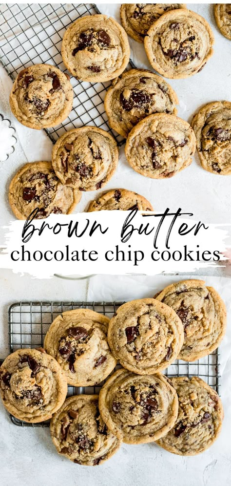 brown butter chocolate chip cookies on wire rack Broma Bakery Brown Butter Chocolate Chip Cookies, Brown Butter Chocolate Chip Cookies With Toffee, Southern Chocolate Chip Cookies, Southern Living Brown Butter Chocolate Chip Cookies, Chocolate Chip Cookies Recipe Brown Butter, Brown Butter Chocolate Chip Cookies No Chill, Cookie Recipes Chocolate Chip Brown Butter, Chewy Gewy Chocolate Chip Cookies, Overnight Chocolate Chip Cookies