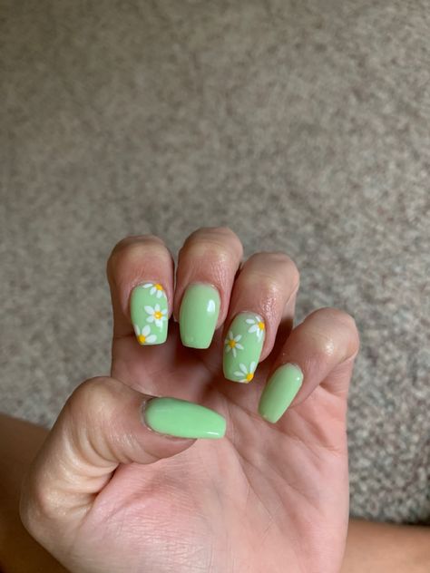 Lime Green Nails With Flowers, Pink And Green Dip Nails, Green Sns Nails Designs, Book Themed Nails, Nail Ideas Daisy, Sns Dipping Powder Nails Spring, Nail Ideas Sns, Green Daisy Nails, Green Dip Nails