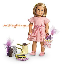 Kit's Candy-Making Set Item# F9445 $64 This set includes a pretty outfit and sweet supplies: A make-believe double boiler that's perfect for "melting" the two pretend chocolate squares from the candy box. A spoon that Kit can use to mix the chocolate bld. Three faux chocolate bunnies. Three sheets of netting and three satin ribbons to wrap the bunnies. A pretty basket rimmed with fabric flowers to carry the treats. A fancy pink dress for Kit—. Shiny pink T-strap shoes to match her dress. Girl Kit, Spring Time Outfits, American Doll Clothes, Dress Doll, American Girl Clothes, Candy Making, Easter Outfit, Easter Dress, Girl Doll Clothes