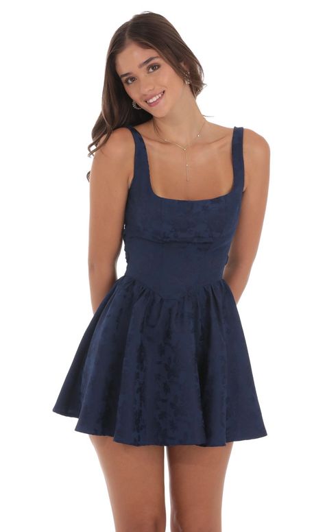 Floral Jacquard Open Back Bow Dress in Navy Back Bow Dress, Valentines Dance, Hoco Inspo, Cute Formal Dresses, Cute Homecoming Dresses, Lucy In The Sky, Casual Day Dresses, Winter Formal, Sorority Outfits