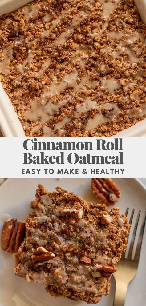 Stove Top Oatmeal, Cinnamon Roll Baked Oatmeal, Rolled Oats Recipe, Vegan Baked Oatmeal, Simple Brunch, Healthier Breakfast, Baked Oatmeal Healthy, Cinnamon Roll Bake, Kids Breakfast