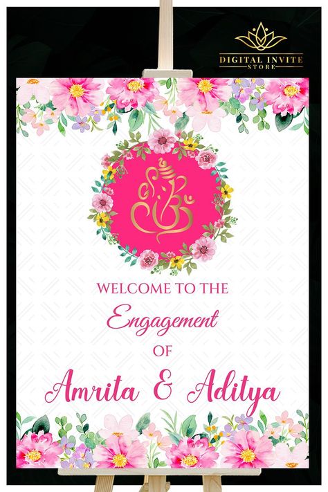 This beautiful Indian Ring Ceremony welcome board with florals, from our Hindu Engagement Ethnic Fusion collection, lovingly created by us, is for those who would like to leave, not only a subtle but also an impactful impression on their guests! Haldi Standee, Indian Ring Ceremony, Hindu Engagement, Engagement Invitation Card Design, Ceremony Welcome Sign, Engagement Board, Small Wedding Decor, Unique Wedding Signs, Indian Ring